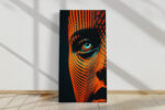 Geometric face digital art, cyan iris and vivid orange halftone patterns, bold contemporary canvas for living room
