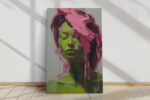 Bold female figure portrait in vivid yellow-green and pink dripping paint, expressive oil painting canvas for living room