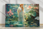 Woman in white dress among oversized water lilies, teal pond reflection, art nouveau digital art canvas for bedroom or spa