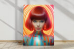Bold female portrait with red bob and concentric halo rings in vivid red and amber, digital art canvas for living room