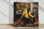 Seated figure in vivid yellow jacket with headphones, plants and boombox, bold graphic digital art canvas for living room