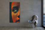 Geometric face digital art, cyan iris and vivid orange halftone patterns, bold contemporary canvas for living room
