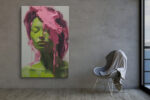 Bold female figure portrait in vivid yellow-green and pink dripping paint, expressive oil painting canvas for living room