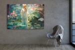 Woman in white dress among oversized water lilies, teal pond reflection, art nouveau digital art canvas for bedroom or spa