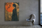 Woman in profile silhouette with crimson blossoms and orange sun, dramatic bohemian portrait canvas wall art