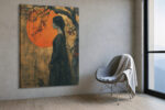 Woman in profile silhouette with crimson blossoms and orange sun, dramatic bohemian portrait canvas wall art