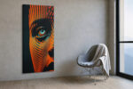 Geometric face digital art, cyan iris and vivid orange halftone patterns, bold contemporary canvas for living room