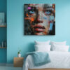 Fractured female portrait with sky-blue eyes and burnt orange tones, bold abstract mixed media canvas wall art