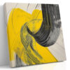 Bold yellow brushstroke and spiraling black arc, high-contrast abstract acrylic wall art canvas for living room