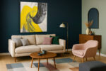 Bold yellow brushstroke and spiraling black arc, high-contrast abstract acrylic wall art canvas for living room