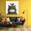 Fine-line ink illustration of a fluffy cat with a bird on its head, monochrome wall art canvas for living room