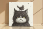 Fine-line ink illustration of a fluffy cat with a bird on its head, monochrome wall art canvas for living room