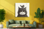 Fine-line ink illustration of a fluffy cat with a bird on its head, monochrome wall art canvas for living room