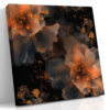 Luminous dark floral with burnt orange stamens and gold splatters, moody bohemian digital art canvas for living room