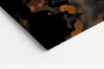 Luminous dark floral with burnt orange stamens and gold splatters, moody bohemian digital art canvas for living room