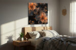 Luminous dark floral with burnt orange stamens and gold splatters, moody bohemian digital art canvas for living room