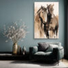 Two merging horse heads in warm tan and deep brown, expressive watercolor wall art canvas for bedroom