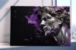 Classical bust sculpture with vivid purple paint explosion, digital art canvas print for contemporary living room