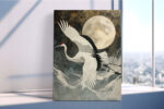 Red-crowned crane in flight before a full moon, dark slate and ivory gold tones, japandi wall art canvas for living room