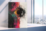 Bold black-and-white split abstract vortex with magenta and teal paint drips, energetic acrylic canvas wall art