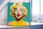 Hyper-stylized digital portrait of a woman with blonde curly hair and pink lips, bold teal and yellow pop-art canvas