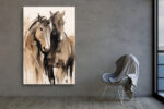 Two merging horse heads in warm tan and deep brown, expressive watercolor wall art canvas for bedroom