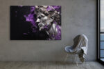 Classical bust sculpture with vivid purple paint explosion, digital art canvas print for contemporary living room