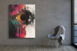 Bold black-and-white split abstract vortex with magenta and teal paint drips, energetic acrylic canvas wall art