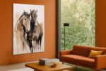 Two merging horse heads in warm tan and deep brown, expressive watercolor wall art canvas for bedroom