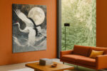 Red-crowned crane in flight before a full moon, dark slate and ivory gold tones, japandi wall art canvas for living room
