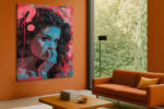 Woman's face beneath torn cyan blue layer, vivid crimson newspaper collage, bold portrait digital art canvas print