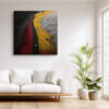 Solitary figure on winding path through vivid red, yellow, black flower fields, bold aerial digital art for living room