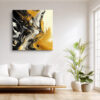 Fluid abstract paint swirls in amber gold and deep black, bold contemporary wall art canvas for living rooms