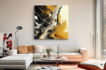 Fluid abstract paint swirls in amber gold and deep black, bold contemporary wall art canvas for living rooms