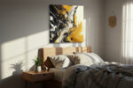 Fluid abstract paint swirls in amber gold and deep black, bold contemporary wall art canvas for living rooms