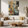 Female face profile layered with map grids and data charts in ochre and steel blue, mixed-media portrait canvas wall art