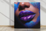 Metallic violet and electric-blue glitter lips close-up, bold beauty photography wall art canvas for contemporary living room