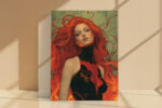 Fierce woman with flaming red hair in black costume, bold fantasy digital art portrait canvas for home office