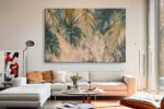 Palm fronds and monstera leaves in golden tan and teal, tropical botanical illustration canvas for bohemian living room
