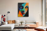 Geometric female face in teal, cobalt blue and vivid orange triangles, bold acrylic portrait canvas wall art