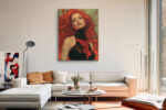 Fierce woman with flaming red hair in black costume, bold fantasy digital art portrait canvas for home office