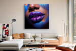 Metallic violet and electric-blue glitter lips close-up, bold beauty photography wall art canvas for contemporary living room