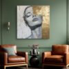 Female portrait in grey linework and warm gold panels, contemporary mixed-media canvas art for living room or home office