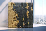Heavy gold impasto strokes on near-black charcoal, dramatic moody abstract wall art canvas for living room
