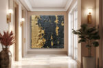 Heavy gold impasto strokes on near-black charcoal, dramatic moody abstract wall art canvas for living room