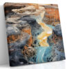 Surreal canyon river in slate grey, burnt orange and teal blue, psychedelic digital art canvas for living room or home office