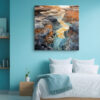 Surreal canyon river in slate grey, burnt orange and teal blue, psychedelic digital art canvas for living room or home office