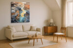 Surreal canyon river in slate grey, burnt orange and teal blue, psychedelic digital art canvas for living room or home office