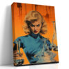 Retro sci-fi illustration of a woman with laboratory flasks in vivid orange and teal, portrait canvas wall art
