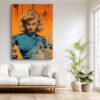 Retro sci-fi illustration of a woman with laboratory flasks in vivid orange and teal, portrait canvas wall art